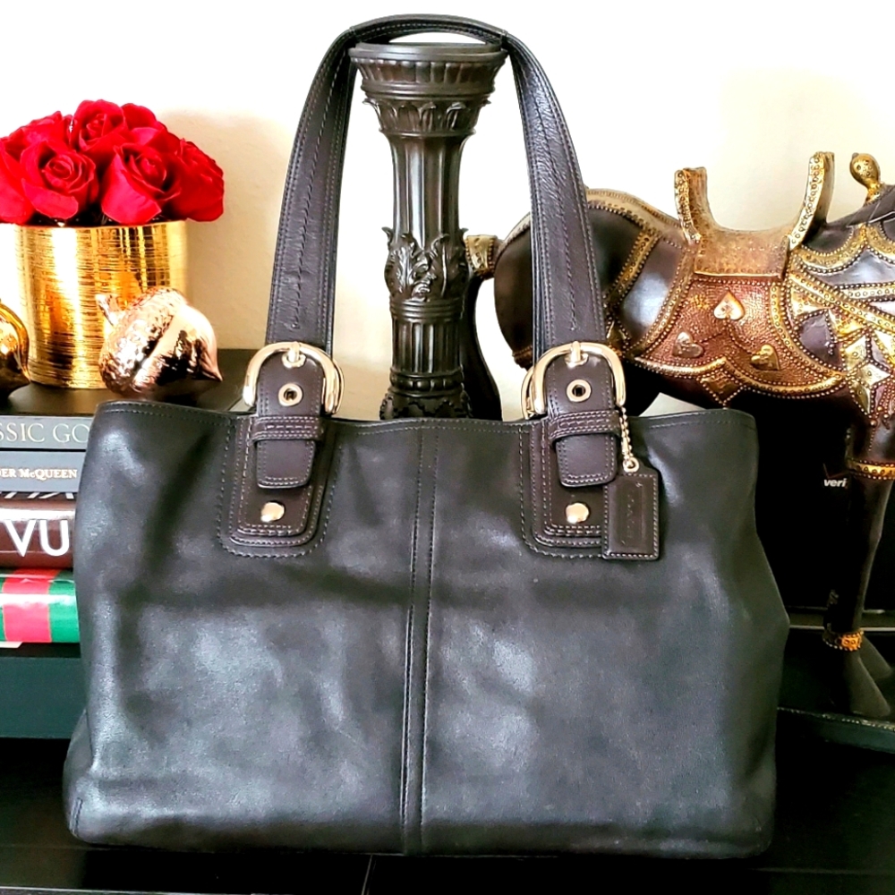 COACH Black Grain Cowhide Leather Tote Hobo